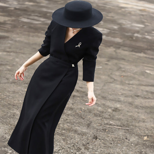 ASAYA2972 New temperament commuter slim V-neck acetate black suit dress