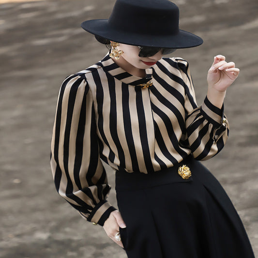 ASAYA2970 Spring new style commuter long-sleeved stand-up collar metal button striped shirt top