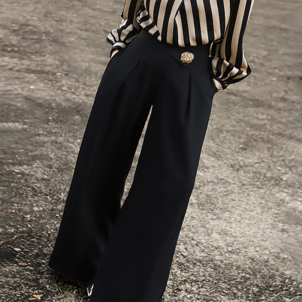 Lanser s 2025 autumn new style exudes a sense of luxury and versatile commuting pants High waisted slim black wide leg pants for women image 2