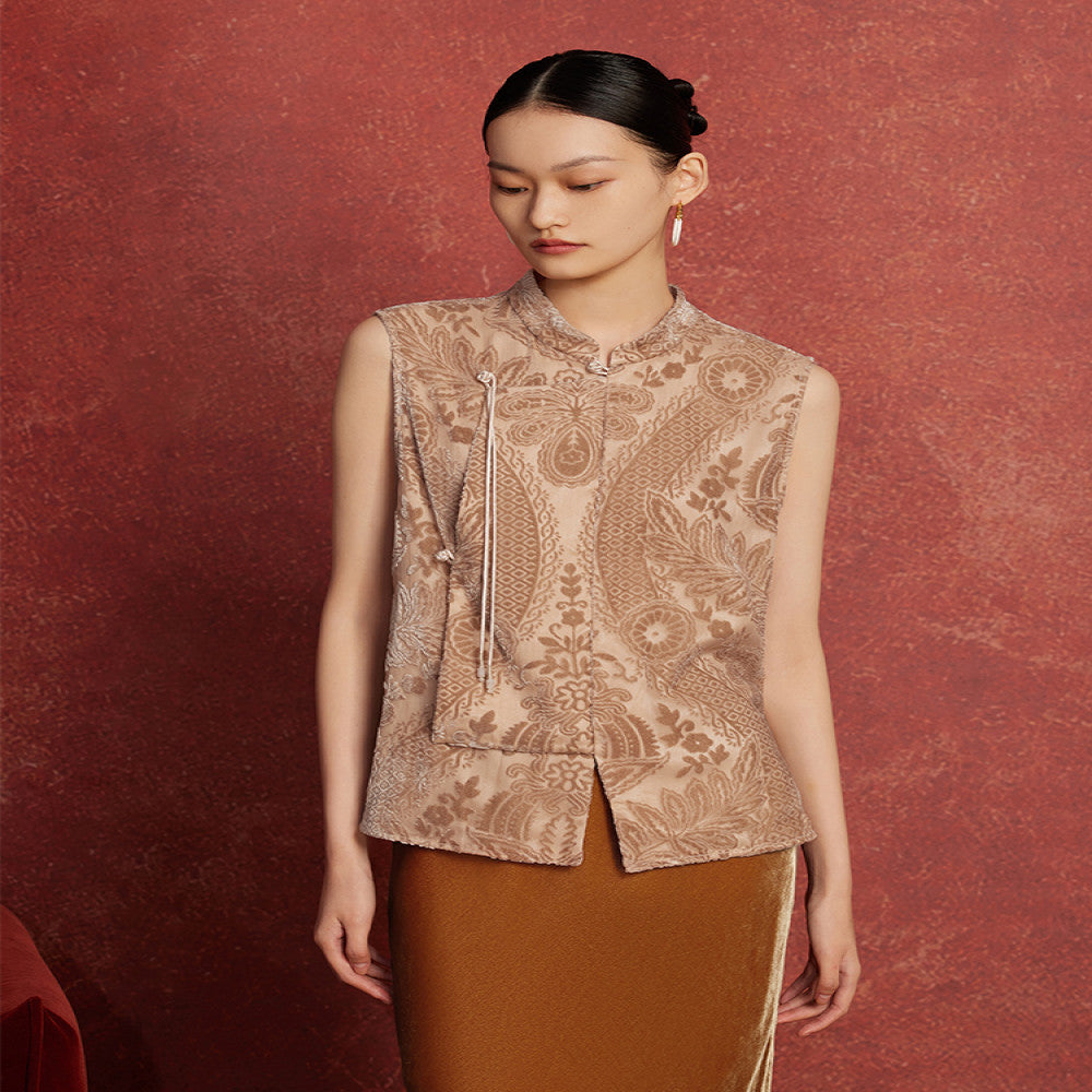 Ruyi Lianyun Spring Summer New Collection Stand up Collar Burnt Velvet Vest Women s Retro New Chinese Style Jade Bead Tassel Shoulder image 1