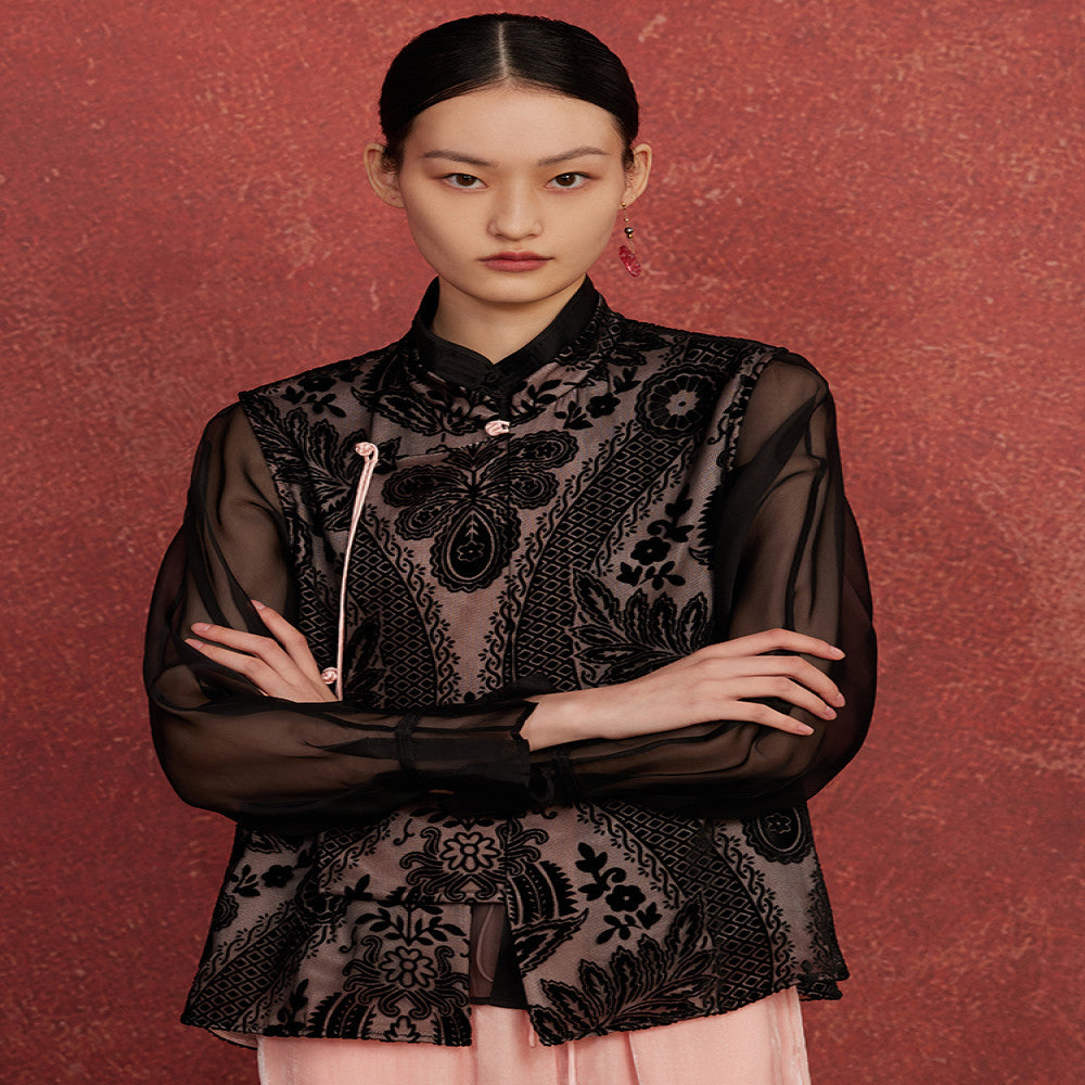 Ruyi Lianyun Spring Summer New Collection Stand up Collar Burnt Velvet Vest Women s Retro New Chinese Style Jade Bead Tassel Shoulder image 2
