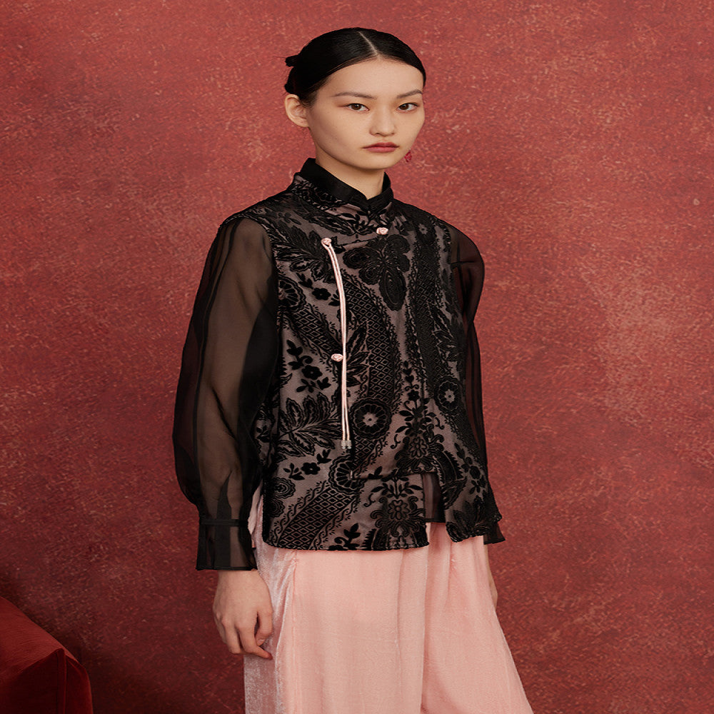 Ruyi Lianyun Spring Summer New Collection Stand up Collar Burnt Velvet Vest Women s Retro New Chinese Style Jade Bead Tassel Shoulder image 5