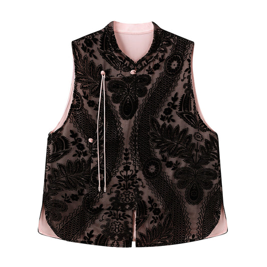 ASAYA2948 Spring New Stand Collar Burnt Flower Velvet Vest