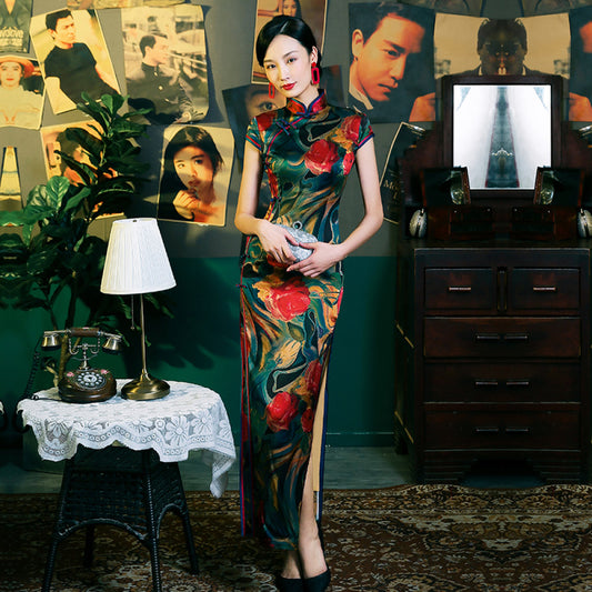 ASAYA2946 Miss Fourth’s noble silk light luxury niche high-end old Shanghaicheongsam dress