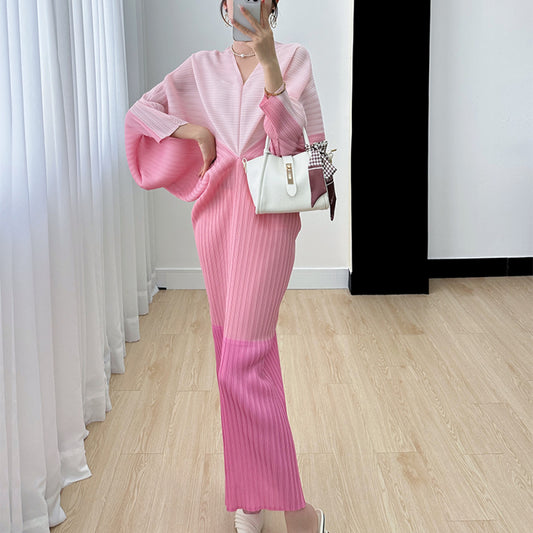 ASAYA2931 Miyake high-end niche temperament color-blocking pleated bat-sleeve dress