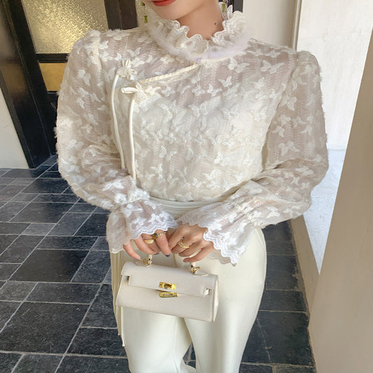 ASAYA2919 Xiangfei lyocell fiber mink hair new Chinese style butterfly plate button shirt