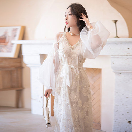 ASAYA2917 Niche luxury high-end design white French puff sleeve dress
