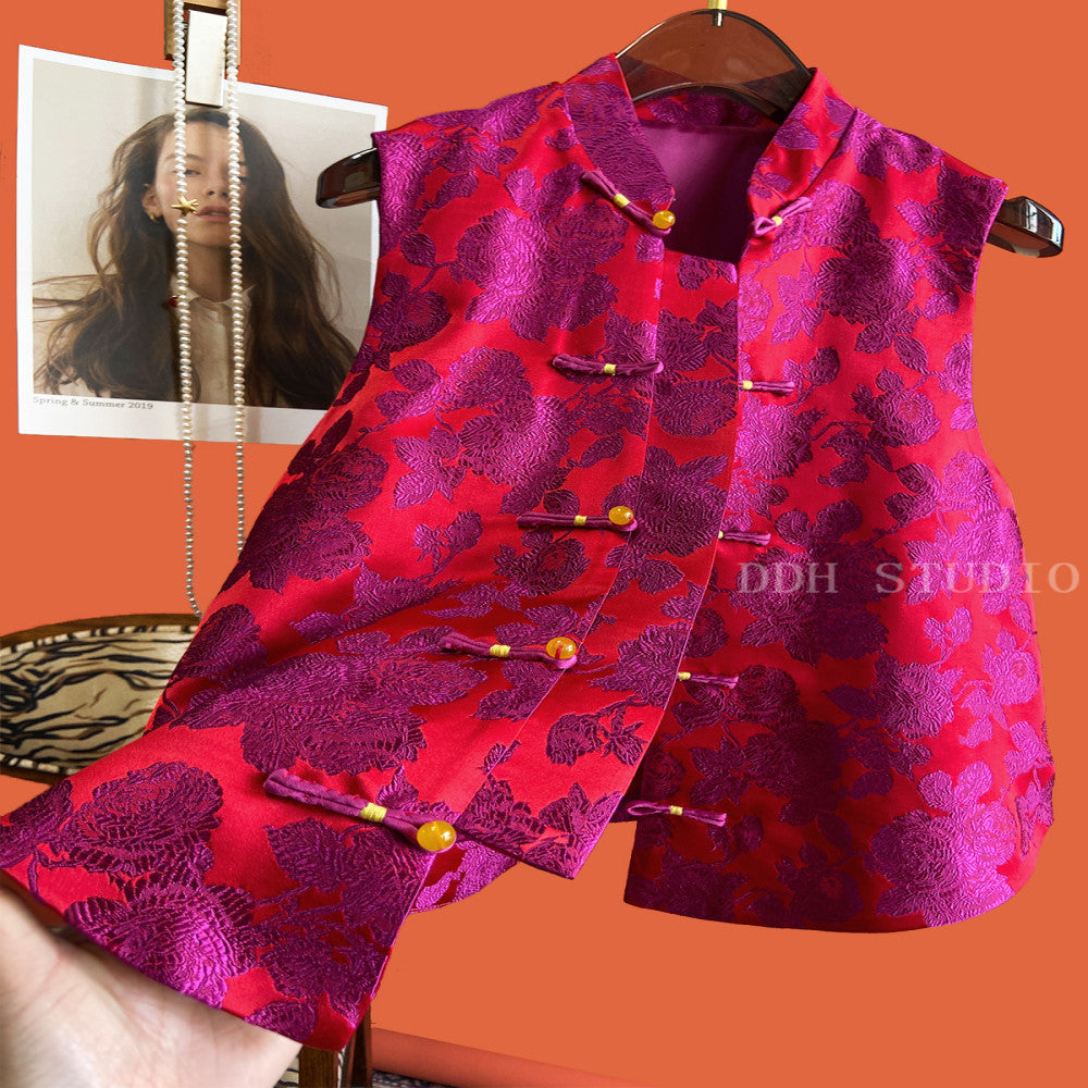New Chinese style silk jacquard vest women s buckle improved sleeveless versatile woven brocade Chinese style top 2024 image 12