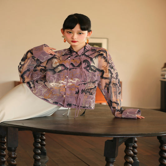 ASAYA2900 Playful design original landscape embroidery purple loose short Tang suit new Chinese style long-sleeved cardigan