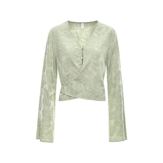 ASAYA2896 New Chinese jacquard V-neck waist tie bell sleeve truncated shirt top