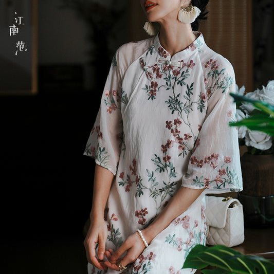 ASAYA2885 Jiangnan style new summer improved cheongsam embroidered full placket buttoned long skirt
