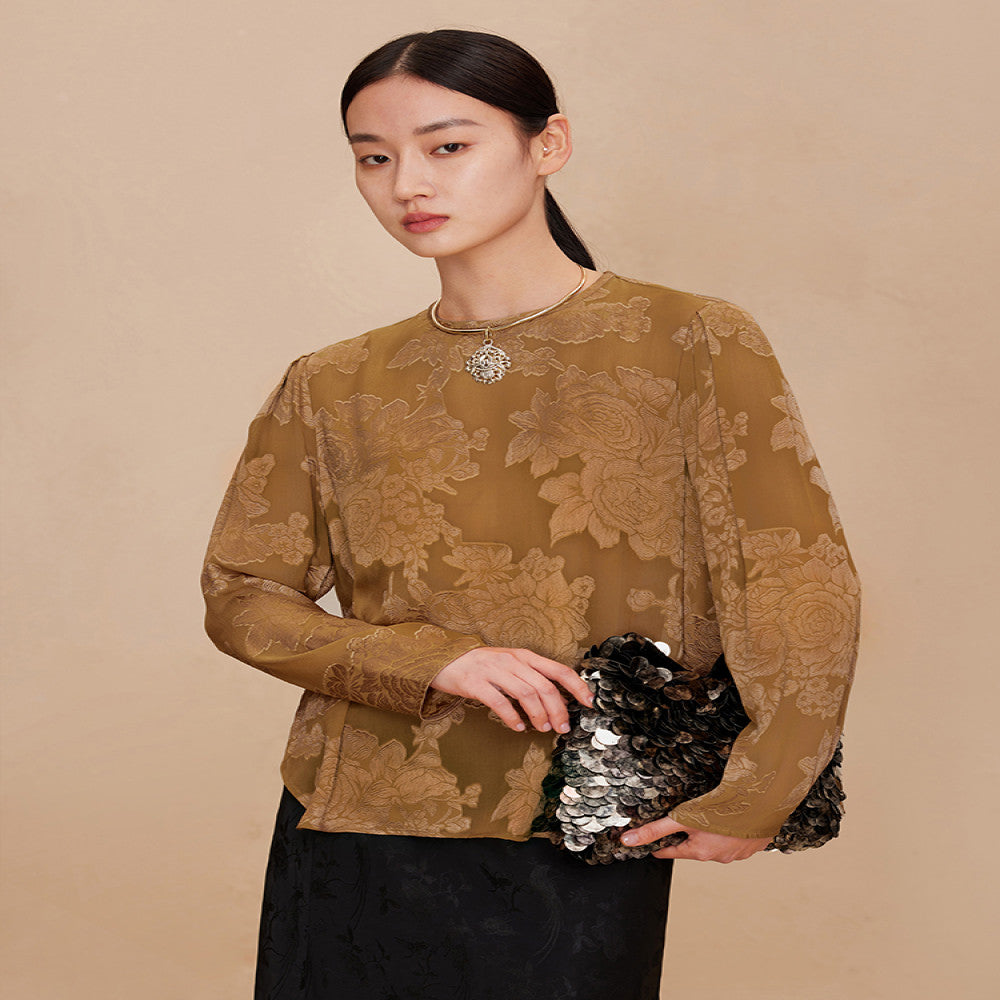 Ruyi Lianyun Spring and Autumn New Round Neck Long Sleeve Mulberry Silk Scissors Shirt Women s Retro New Chinese Style Top image 2