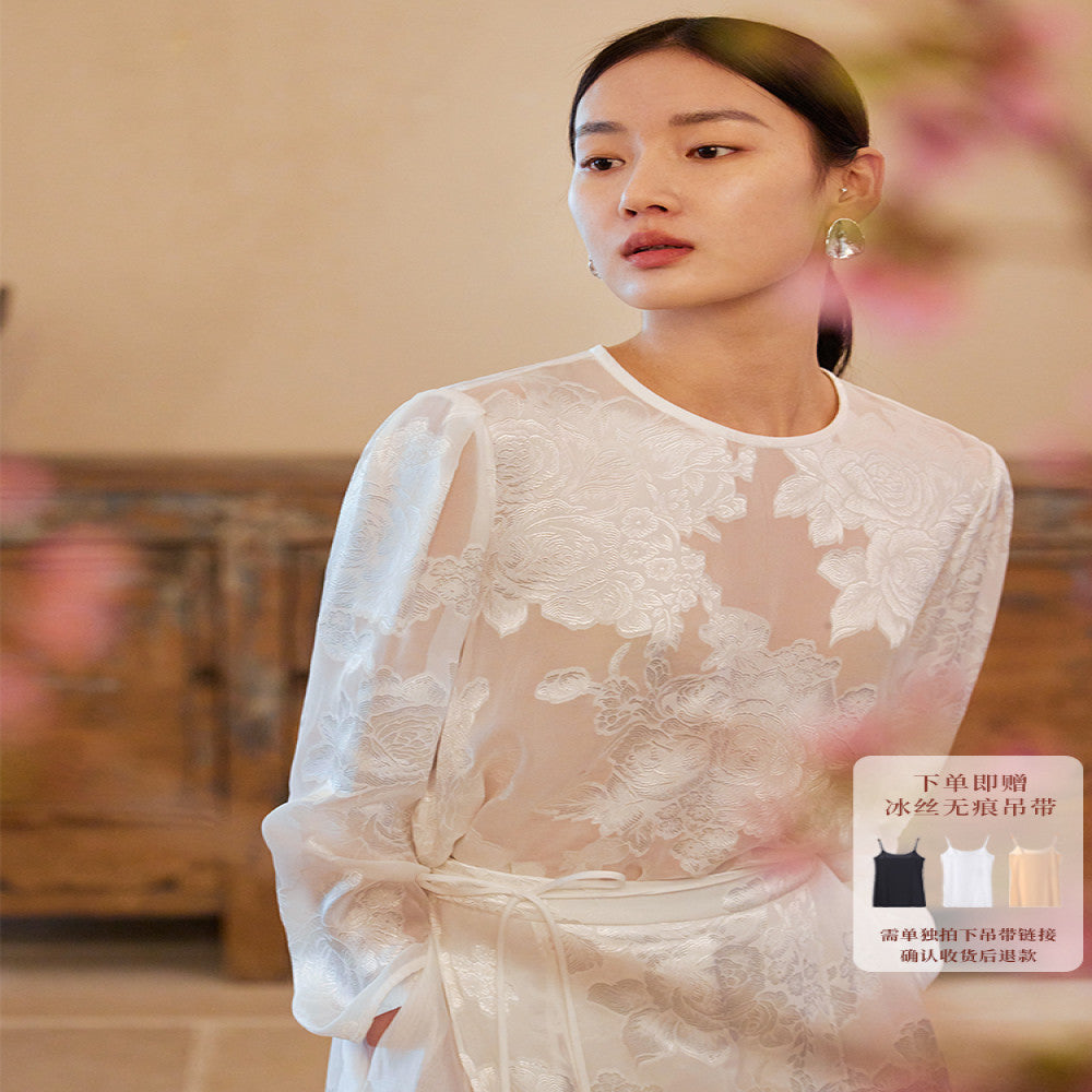 Ruyi Lianyun Spring and Autumn New Round Neck Long Sleeve Mulberry Silk Scissors Shirt Women s Retro New Chinese Style Top image 0