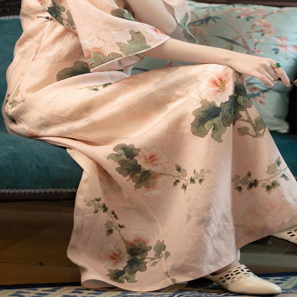 Pink Kui Reflects Summer One City Style Plush Summer Style Hemp Printed Retro Republic of China Style Inverted Big Sleeve One Piece Loose Cheongsam image 3