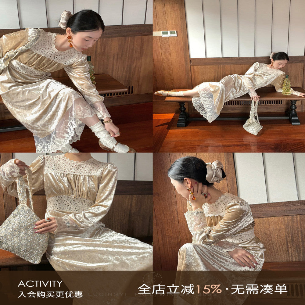 Welfare Leak Collection Lu Qing Ice Flower Bud French Dress for Women Autumn Retro Lace Bubble Sleeve Velvet Skirt image 0