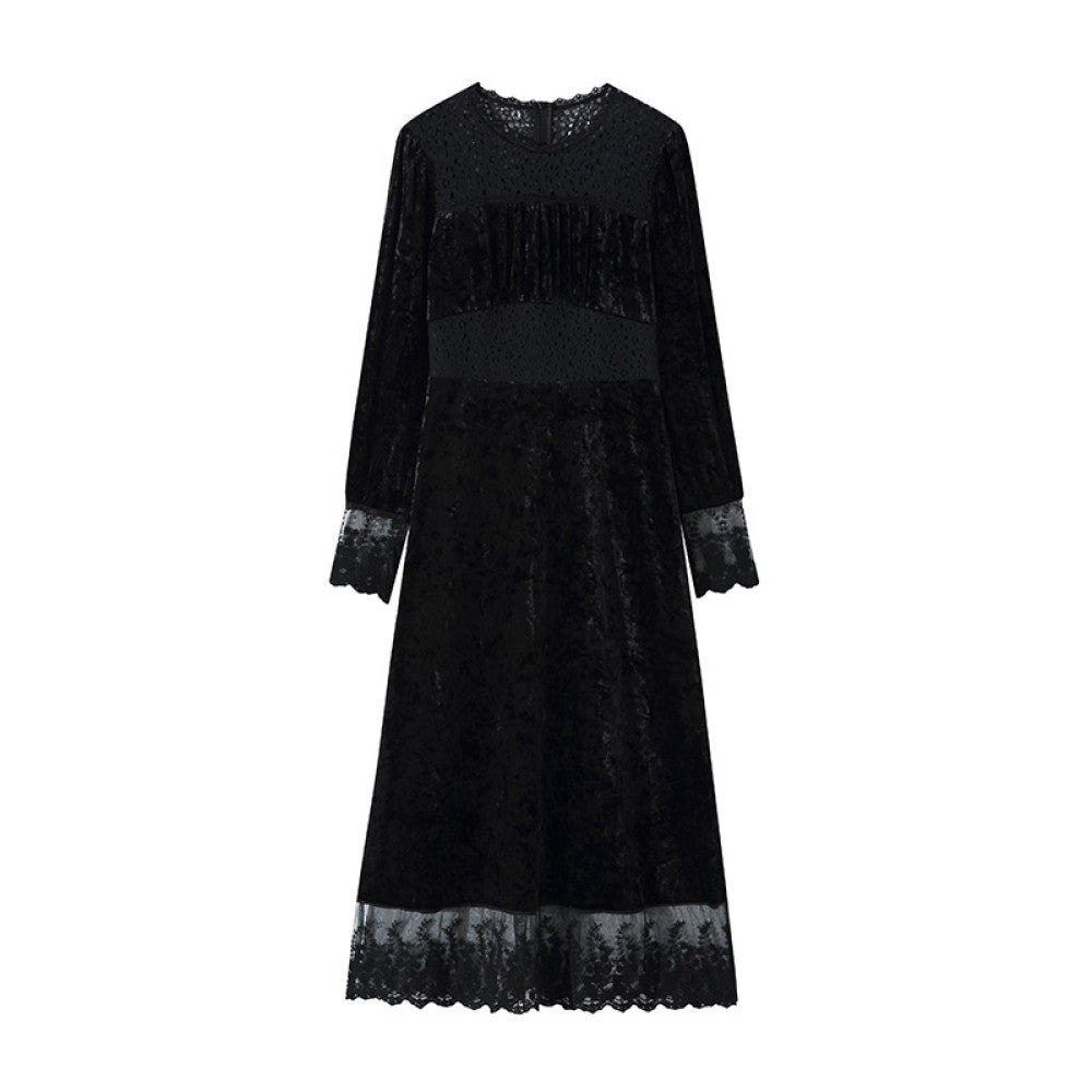 Welfare Leak Collection Lu Qing Ice Flower Bud French Dress for Women Autumn Retro Lace Bubble Sleeve Velvet Skirt image 31