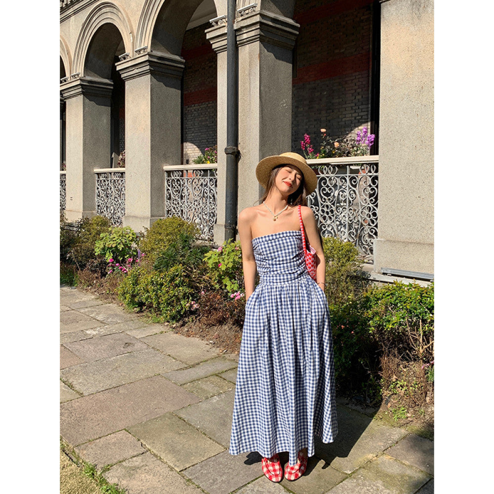 Jinyu Flower Blue Checkered French Dress Summer Women s 2025 New Open Back Sleeveless strapless Long Dress image 6