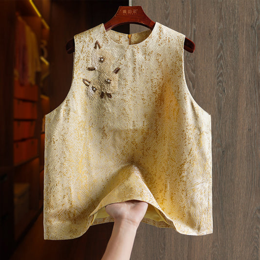 ASAYA2839 Yellow high-end niche beaded sequin retro jacquard vest