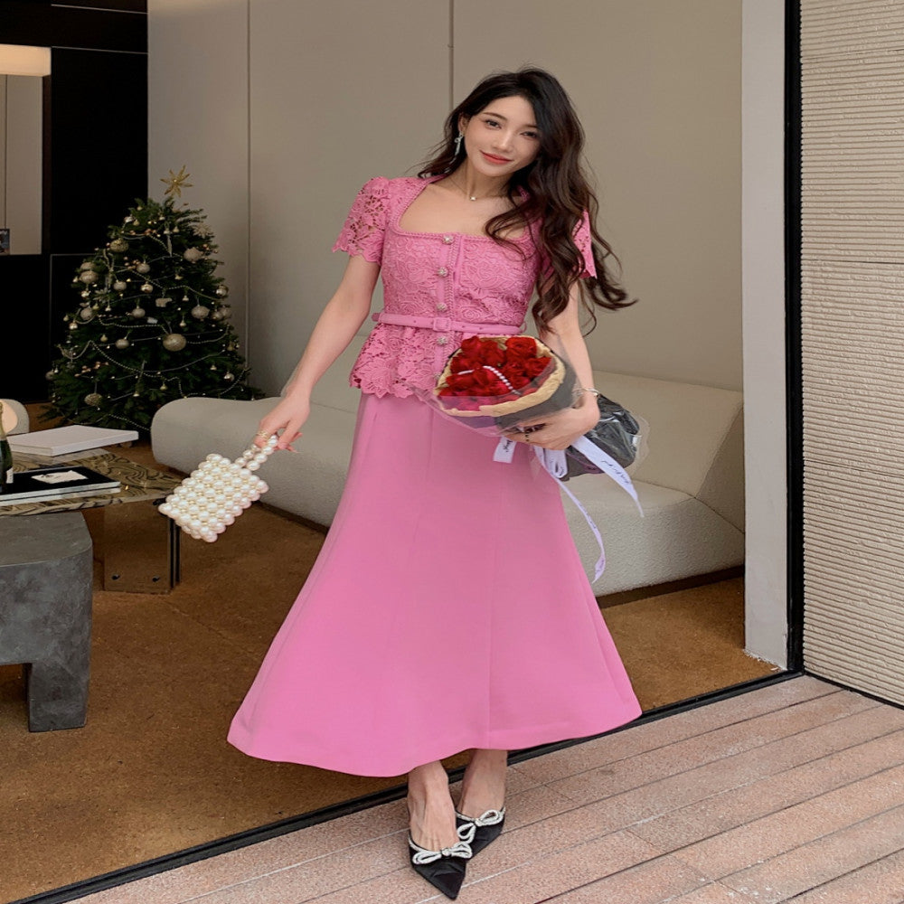 2025 new women s clothing pink hollow lace splicing niche design sense fake two piece short sleeved long dress image 2