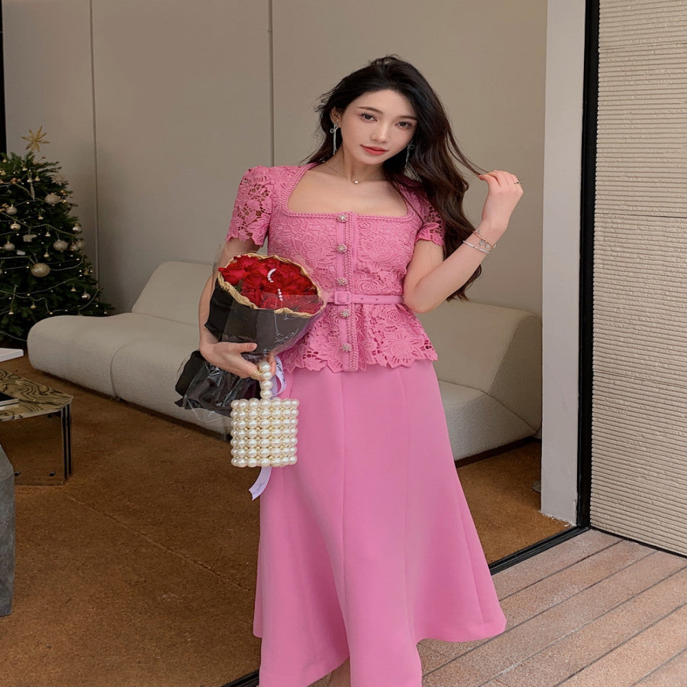 2025 new women s clothing pink hollow lace splicing niche design sense fake two piece short sleeved long dress image 3