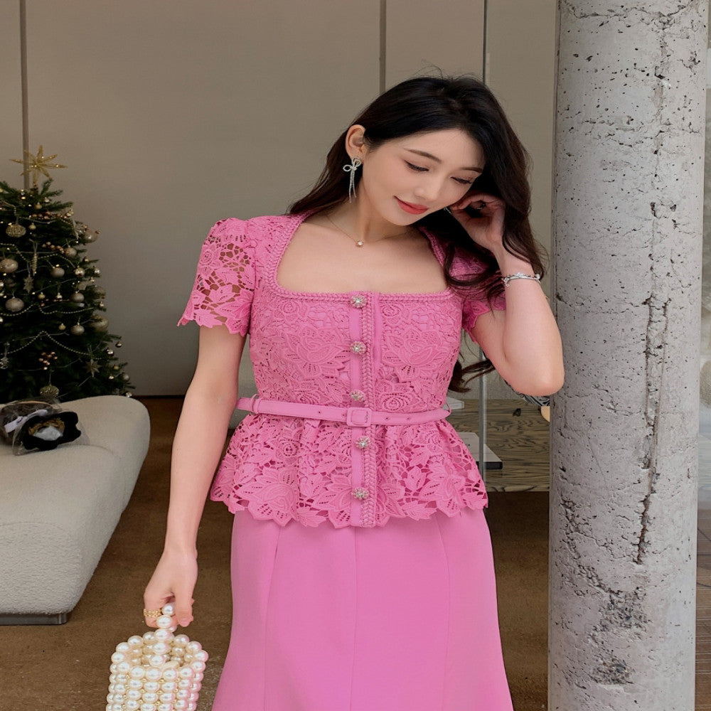 2025 new women s clothing pink hollow lace splicing niche design sense fake two piece short sleeved long dress image 5