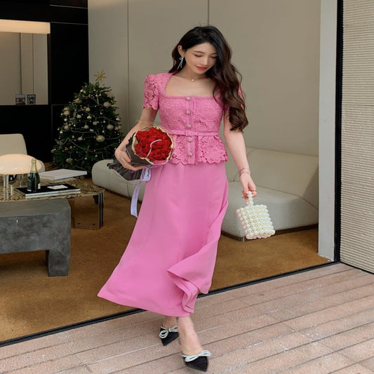 ASAYA2830 Pink hollow lace stitching niche design two-piece short-sleeved long dress