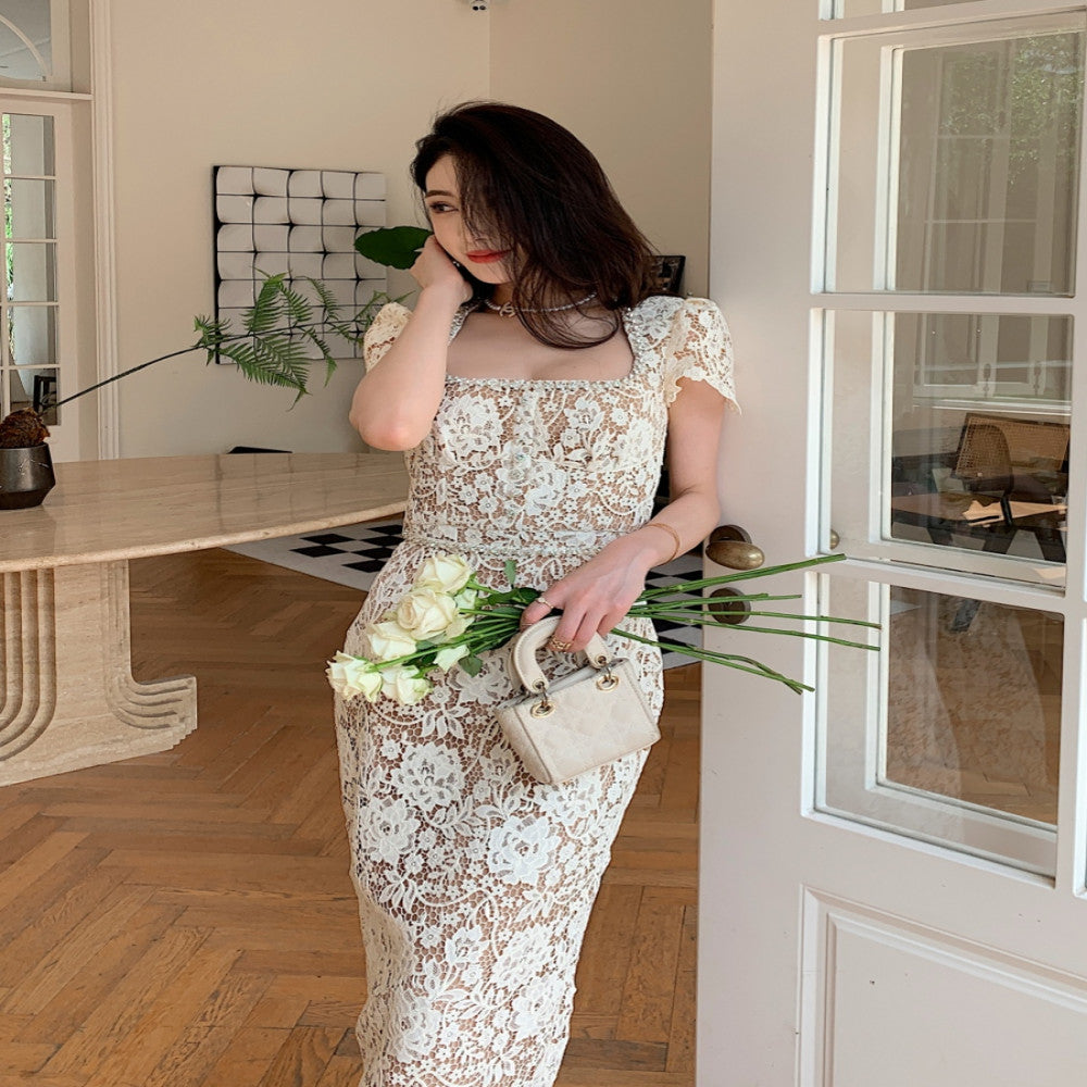 Dress for women in summer new French style niche design exquisite luxury diamond embellished lace slimming temperament long skirt image 2