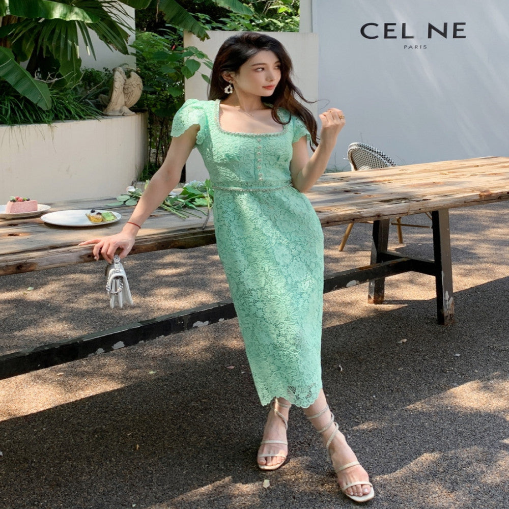 Dress for women in summer new French style niche design exquisite luxury diamond embellished lace slimming temperament long skirt image 3