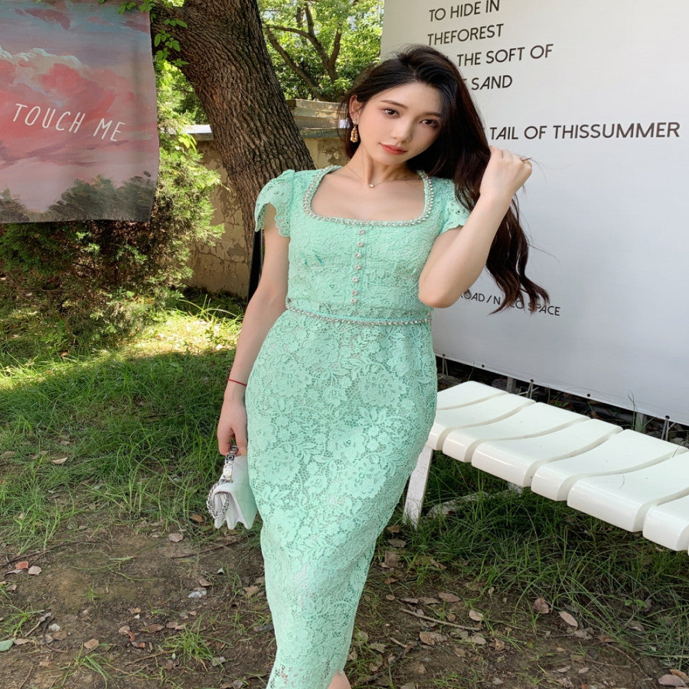 Dress for women in summer new French style niche design exquisite luxury diamond embellished lace slimming temperament long skirt image 4