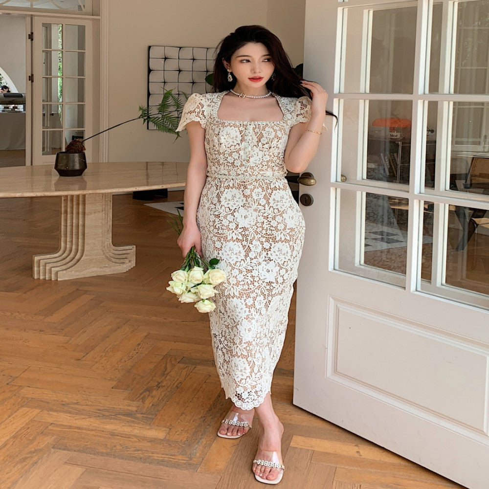 Dress for women in summer new French style niche design exquisite luxury diamond embellished lace slimming temperament long skirt image 0