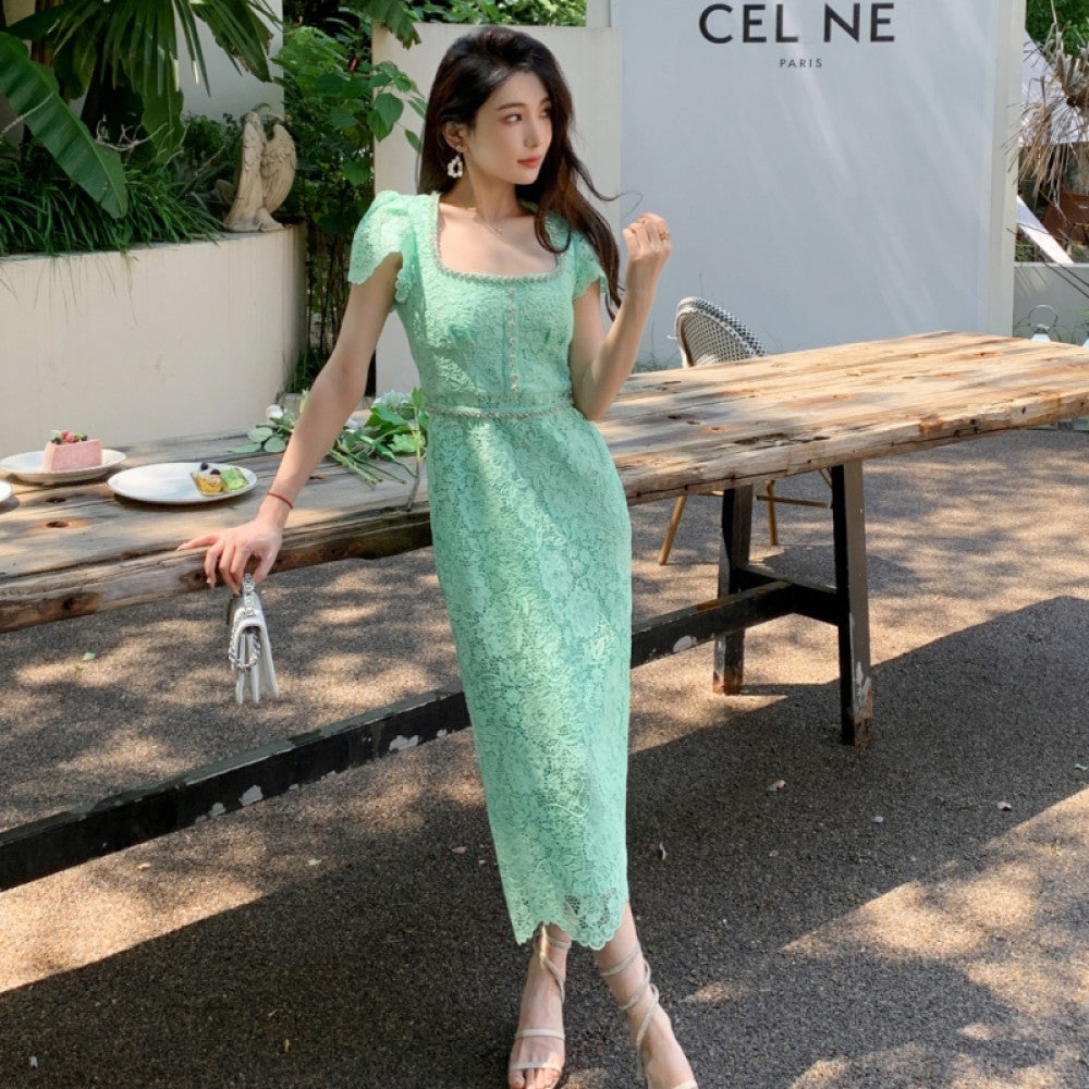 Dress for women in summer new French style niche design exquisite luxury diamond embellished lace slimming temperament long skirt image 17