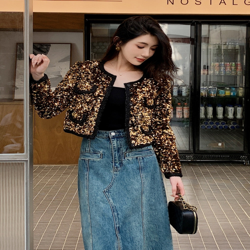 ASAYA2826 Dopamine outfit retro sequined long-sleeved round neck short top