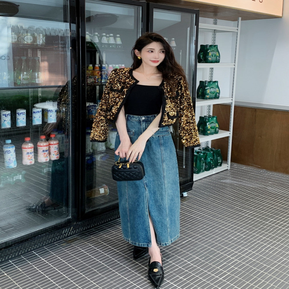Rich heiress style high end feel golden and shiny dopamine outfit retro sequined long sleeved round neck short top jacket image 2