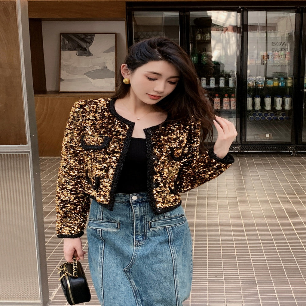 Rich heiress style high end feel golden and shiny dopamine outfit retro sequined long sleeved round neck short top jacket image 3