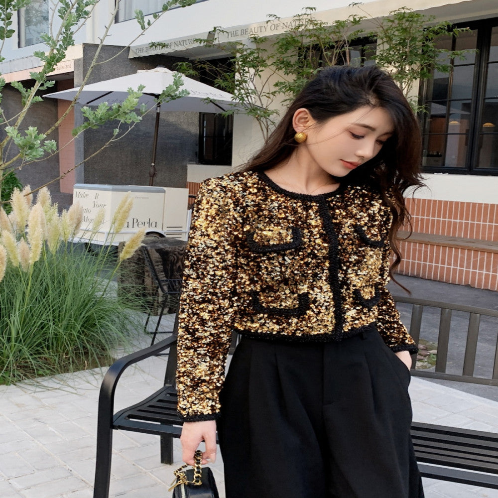 Rich heiress style high end feel golden and shiny dopamine outfit retro sequined long sleeved round neck short top jacket image 4