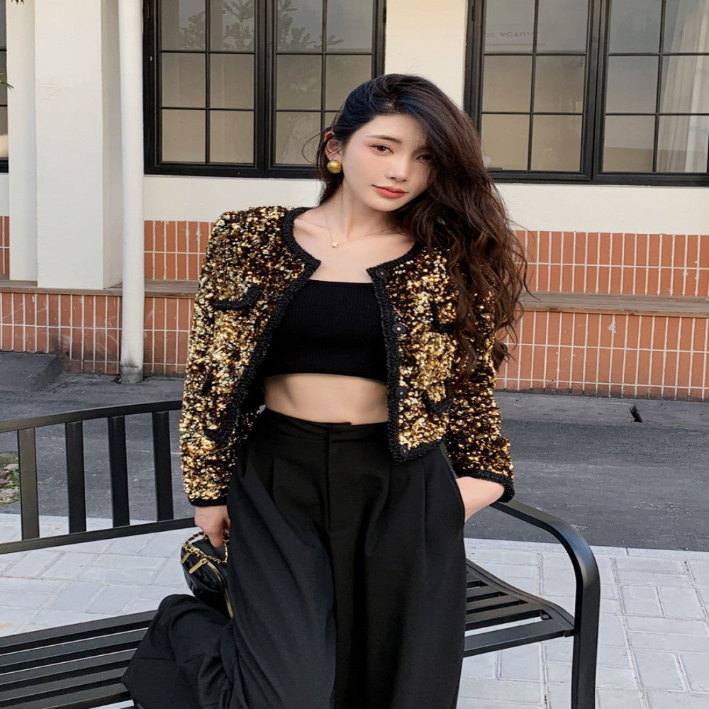 Rich heiress style high end feel golden and shiny dopamine outfit retro sequined long sleeved round neck short top jacket image 5