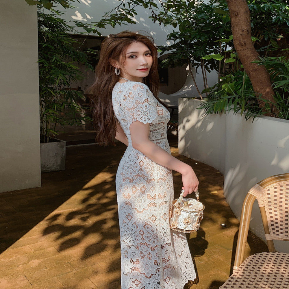 Summer high end feeling off white heavy lace short sleeved V neck dress high waist slim fit paper pencil skirt image 3