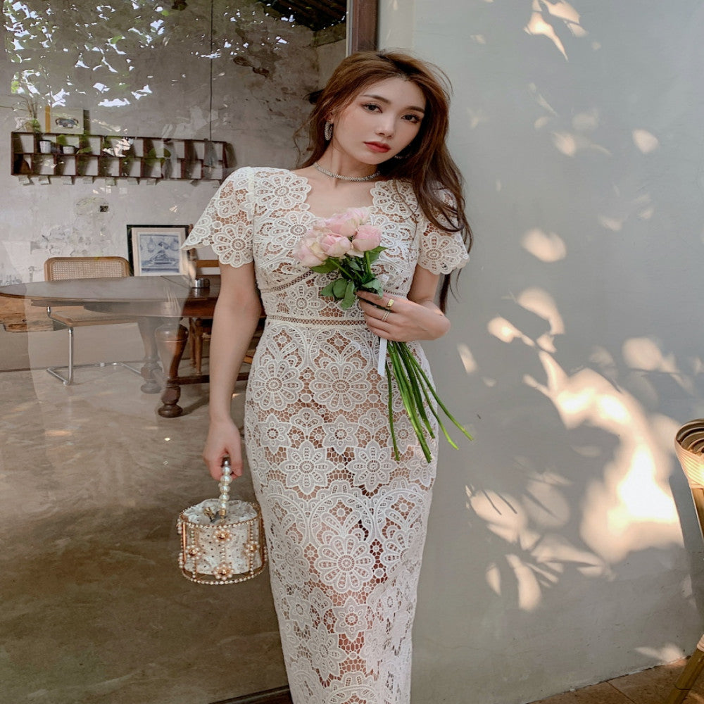 Summer high end feeling off white heavy lace short sleeved V neck dress high waist slim fit paper pencil skirt image 4