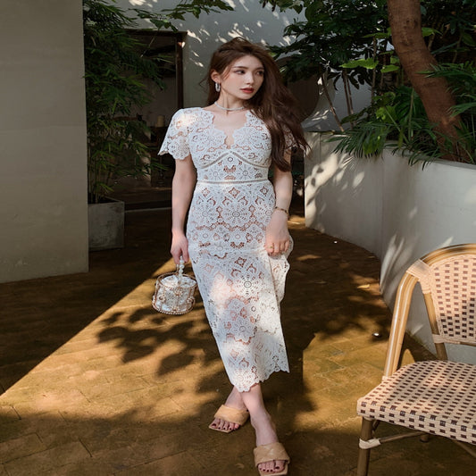 ASAYA2825 High-end off-white heavy-duty lace short-sleeved V-neck dress