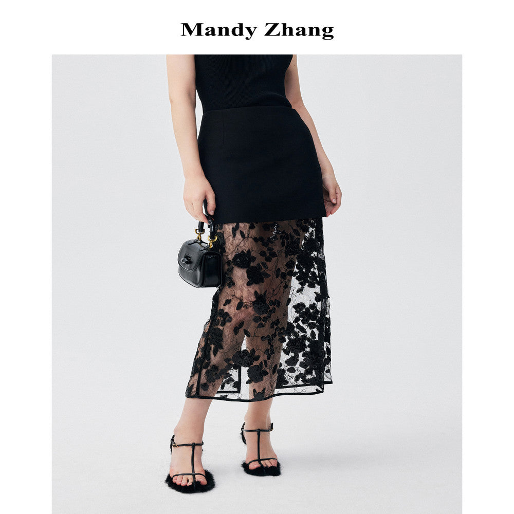 MandyZhang s high end black lace sequin mesh skirt with women s mesh hollow out long skirt that wraps around the buttocks image 1