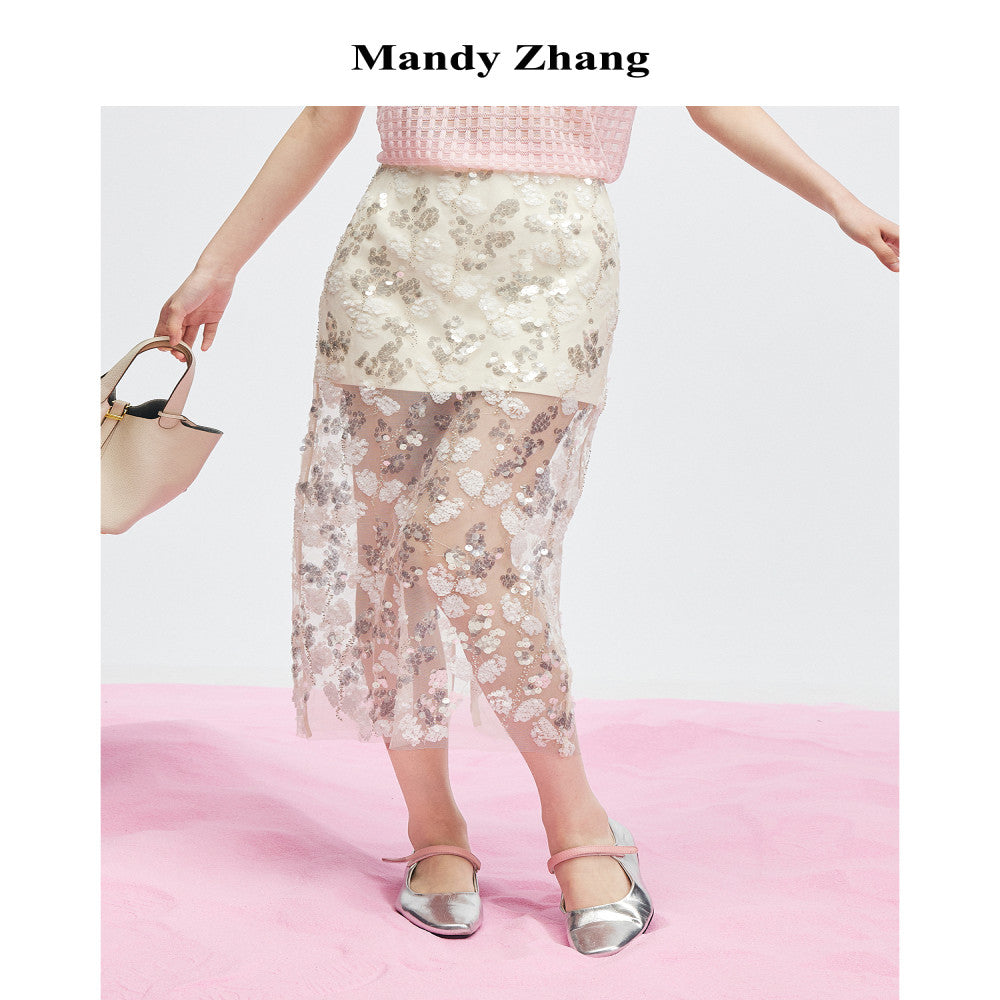 MandyZhang s high end black lace sequin mesh skirt with women s mesh hollow out long skirt that wraps around the buttocks image 2