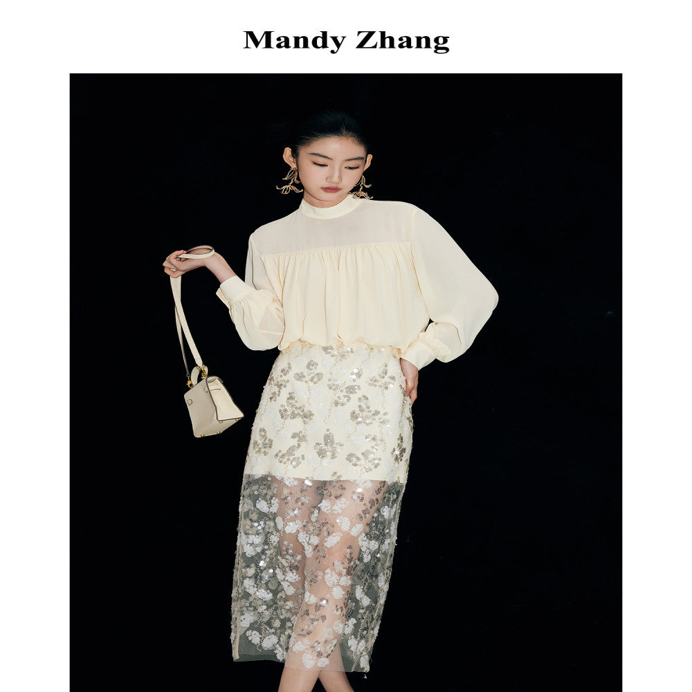 MandyZhang s high end black lace sequin mesh skirt with women s mesh hollow out long skirt that wraps around the buttocks image 3