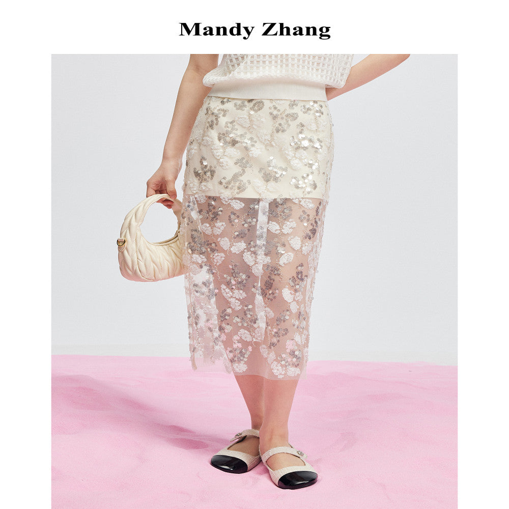 MandyZhang s high end black lace sequin mesh skirt with women s mesh hollow out long skirt that wraps around the buttocks image 4