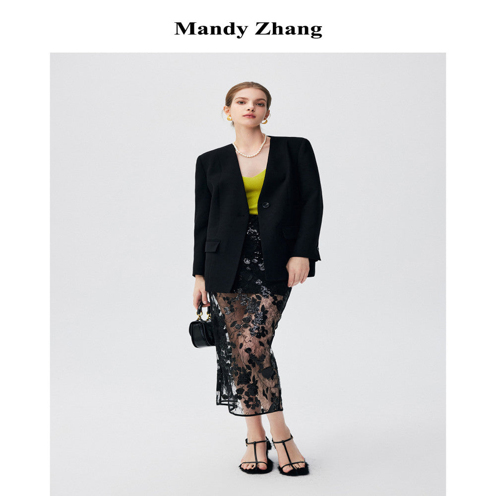 MandyZhang s high end black lace sequin mesh skirt with women s mesh hollow out long skirt that wraps around the buttocks image 5