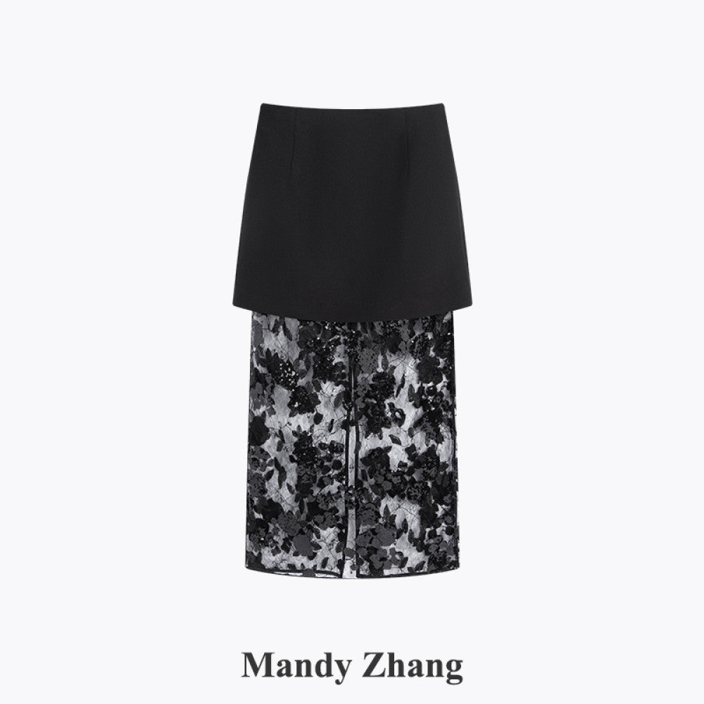 MandyZhang s high end black lace sequin mesh skirt with women s mesh hollow out long skirt that wraps around the buttocks image 9