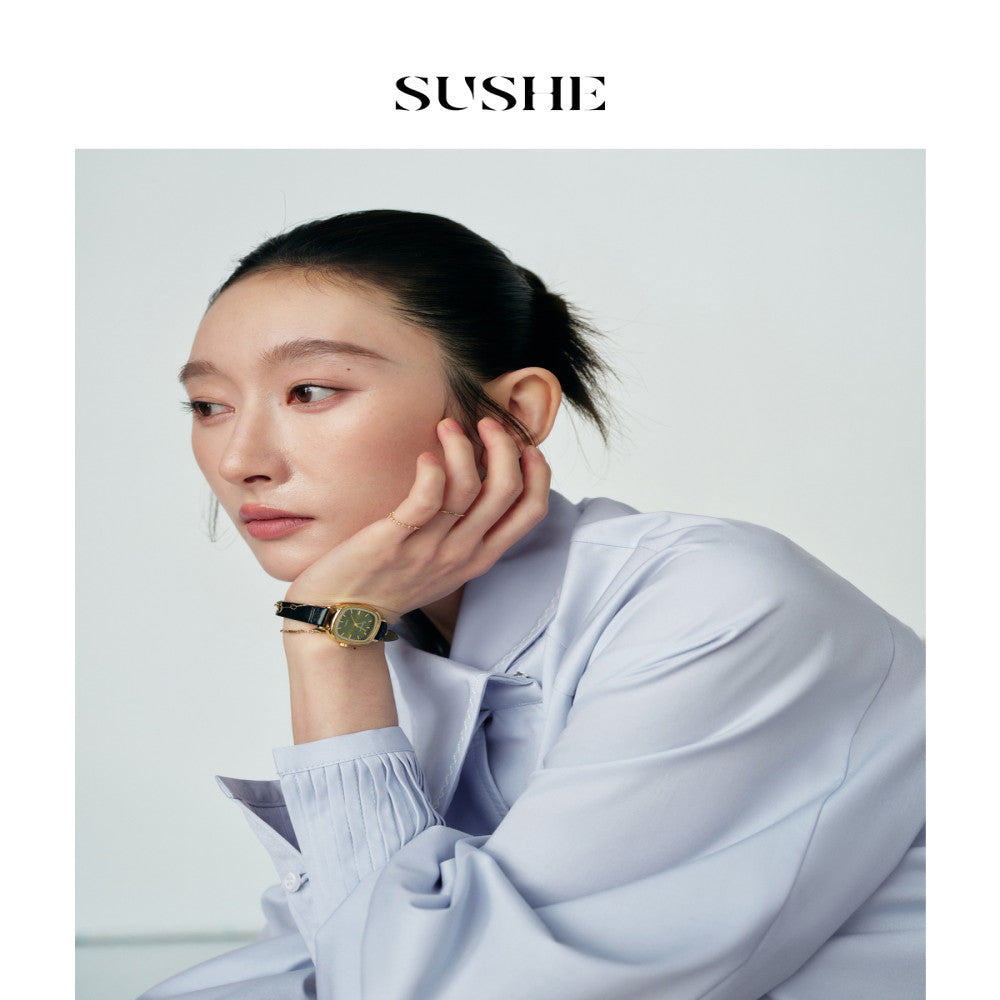 Shuxi SUSHE Zhiyi Gaozhi Elite Modal Irregular Ribbon Collar Tucker Fold Loose Shirt Women s Autumn image 2