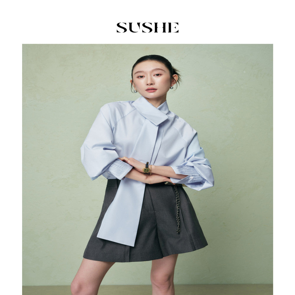 Shuxi SUSHE Zhiyi Gaozhi Elite Modal Irregular Ribbon Collar Tucker Fold Loose Shirt Women s Autumn image 3
