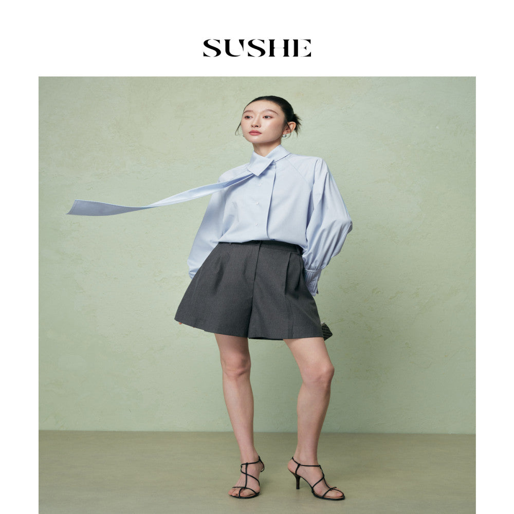 Shuxi SUSHE Zhiyi Gaozhi Elite Modal Irregular Ribbon Collar Tucker Fold Loose Shirt Women s Autumn image 4