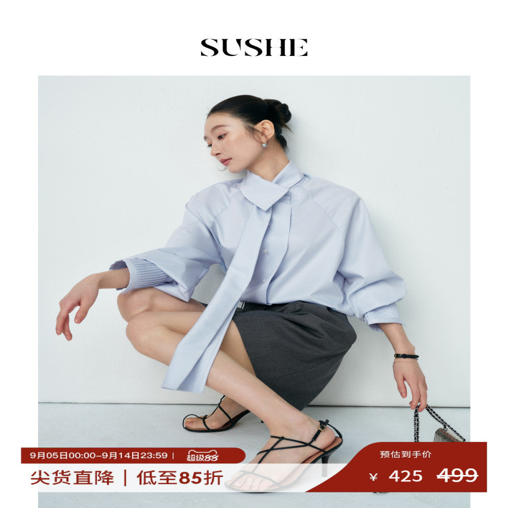 Shuxi SUSHE Zhiyi Gaozhi Elite Modal Irregular Ribbon Collar Tucker Fold Loose Shirt Women s Autumn image 0