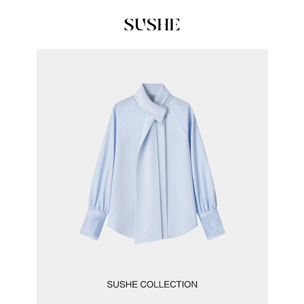Shuxi SUSHE Zhiyi Gaozhi Elite Modal Irregular Ribbon Collar Tucker Fold Loose Shirt Women s Autumn image 7